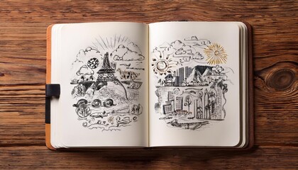 Open sketchbook with creative doodles on a wooden background, concept of brainstorming and ideas