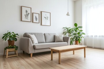 Minimalist, A photo of a mid-century modern interior in a modern living room with a fluffy sofa and table and a view of the pot. Generative AI
