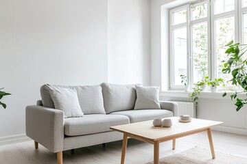 Minimalist, A photo of a mid-century modern interior in a modern living room with a fluffy sofa and table and a view of the pot. Generative AI