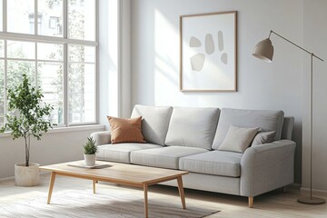 Fototapeta premium Minimalist, A photo of a mid-century modern interior in a modern living room with a fluffy sofa and table and a view of the pot. Generative AI