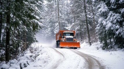 An orange plow truck clearing snow on a forest road after a blizzard, with blurred driver for anonymity, winter conditions visible