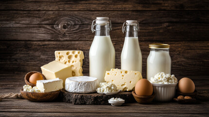 A rustic flat lay of various dairy products arranged on a wooden background. The scene features bottles of milk, a wedge of cheese, a bowl of cottage cheese, a jar of yogurt, a slab of butter,