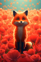Fototapeta premium Smiling fox portrait among pastel red dense poppies cartoon