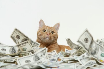 A cat sits amidst a pile of dollar bills, conveying wealth and luxury in a humorous setting.