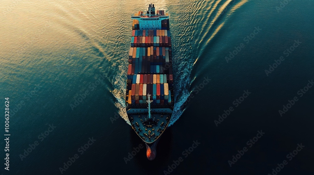 Poster a large vessel transporting containers for international shipping, representing global commerce and 