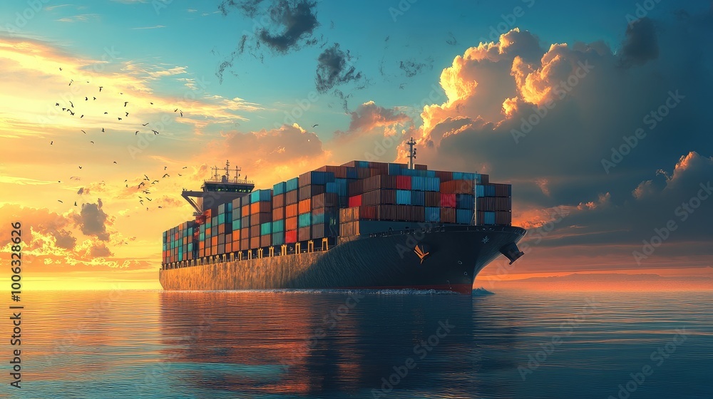 Poster a large vessel transporting containers for international shipping, representing global commerce and 