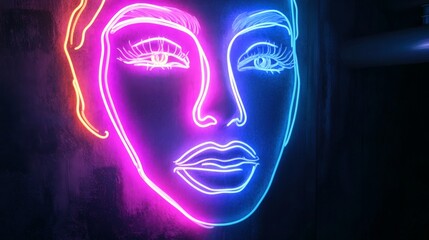 Neon outline of a woman's face on dark background, contemporary art installation. Nightlife and urban aesthetics concept