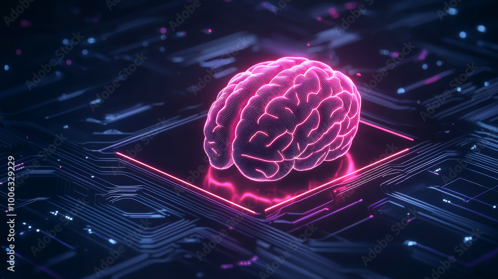 Poster a glowing digital brain symbolizes artificial intelligence and technology in a futuristic setting.