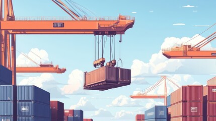 A vector design of an industrial crane moving containers, emphasizing freight forwarding and global logistics. No logos or people present.