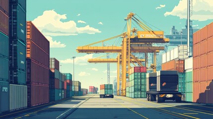 A vector design of an industrial crane moving containers, emphasizing freight forwarding and global logistics. No logos or people present.