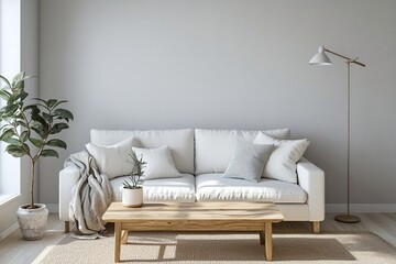 Minimalist, An interior photo of a modern living room with a white sofa based on a Scandinavian interior. Generative AI