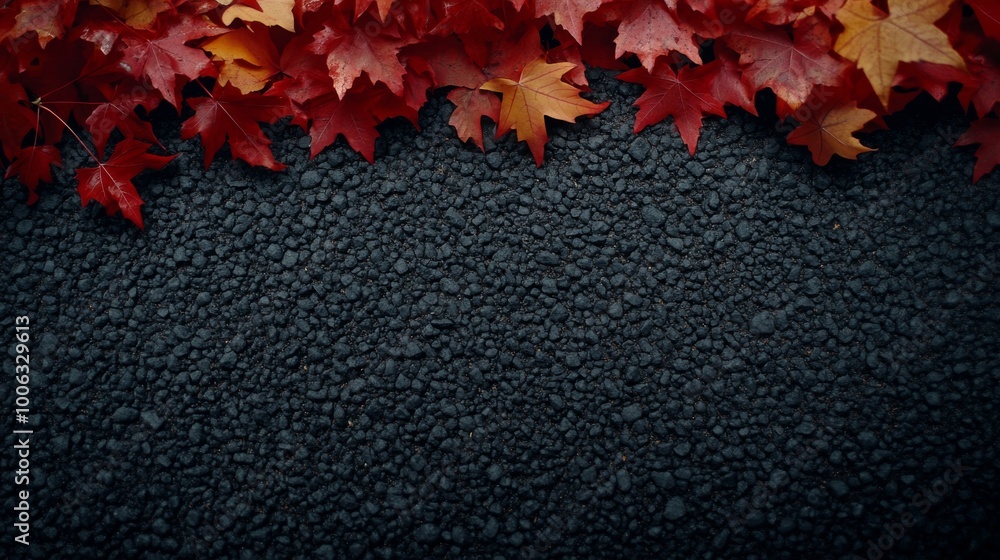 Poster a close-up view features bright red and yellow maple leaves scattered along a textured gravel path. 