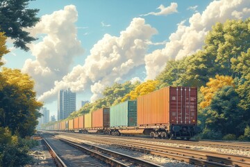 Fototapeta premium Train Crossing Through Sunny Suburbia