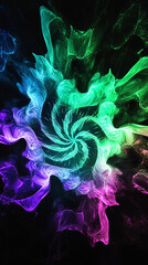 Fototapeta premium Abstract futuristic background. Dynamic neon swirl of multicolored fractal light. Green blue purple on black backdrop