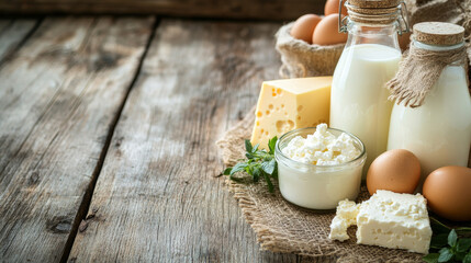 Fototapeta premium A rustic flat lay of various dairy products arranged on a wooden background. The scene features bottles of milk, a wedge of cheese, a bowl of cottage cheese, a jar of yogurt, a slab of butter,