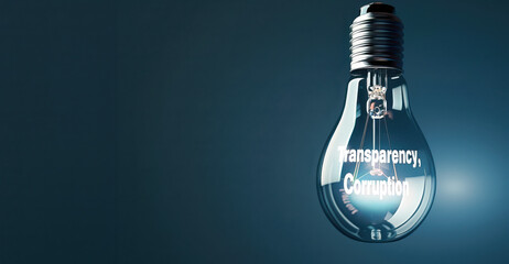 A light bulb illuminating the word "Transparency," with "Corruption" fading into the darkness behind it. The design is minimalistic, with a clear focus on light versus dark symbolism. 