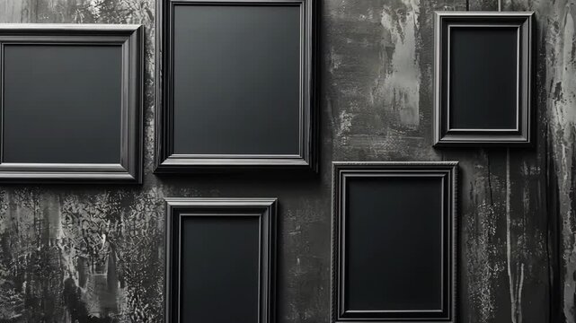Five black picture frames are hanging on a textured, dark gray wall