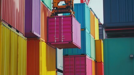 Close-up of an industrial crane lifting several brightly colored containers, emphasizing logistics. No logos or people.