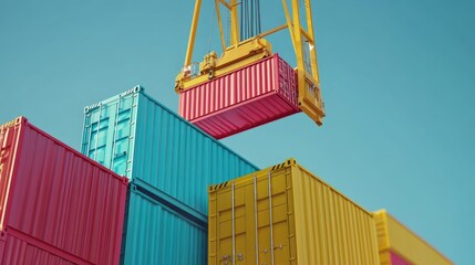 Fototapeta premium Close-up of an industrial crane lifting several brightly colored containers, emphasizing logistics. No logos or people.