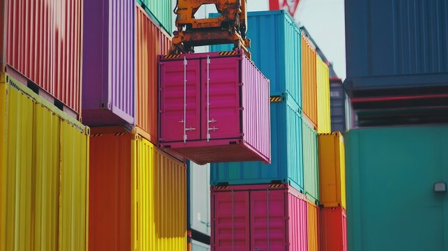 Close-up of an industrial crane lifting several brightly colored containers, emphasizing logistics. No logos or people.