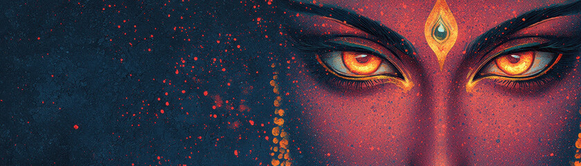 Divine eyes glowing with energy, symbolizing spirituality and strength during Dussehra. vibrant colors and intricate details evoke sense of reverence and celebration