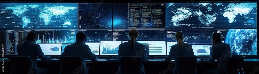 Poster a group of professionals monitors data on multiple screens in a high-tech control room, showcasing t