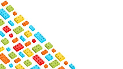 Assorted colorful plastic building blocks arranged diagonally on a white background.