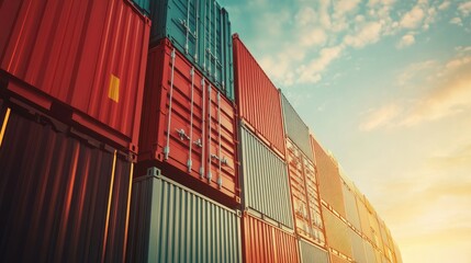 Fototapeta premium Close-up of freight containers on a large cargo ship heading to international markets, symbolizing worldwide shipping. No logos.