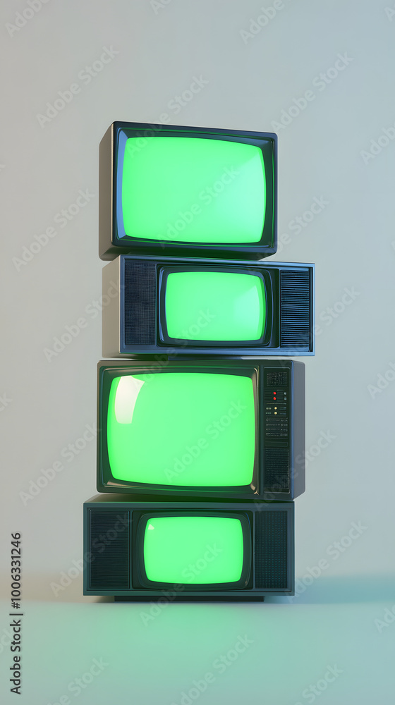 Poster vertical stacks of green screen monitor tvs glowing in empty soft lighting empty white room backgrou