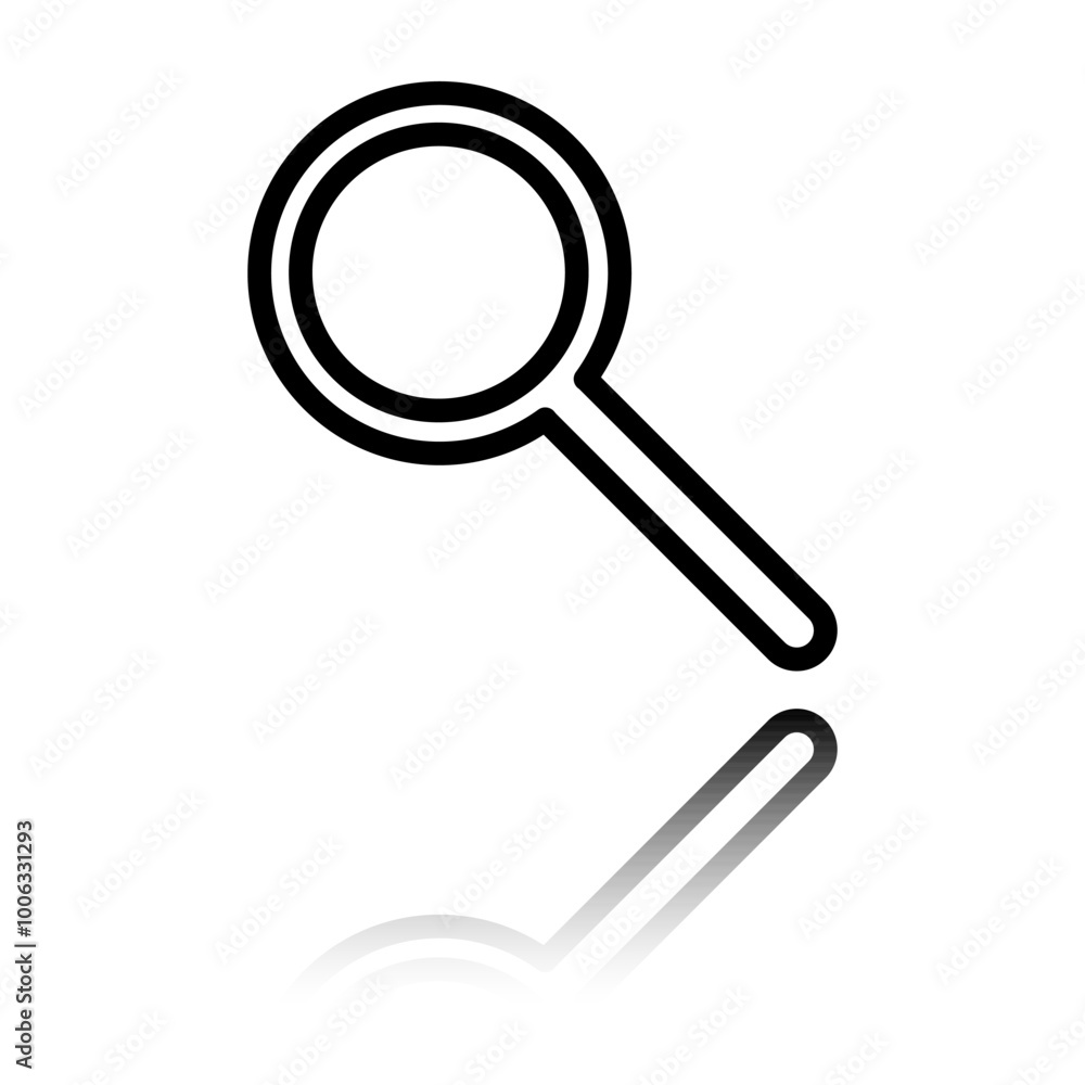 Poster magnifier, zoom simple icon vector. flat design. black icon with mirror reflection. white background