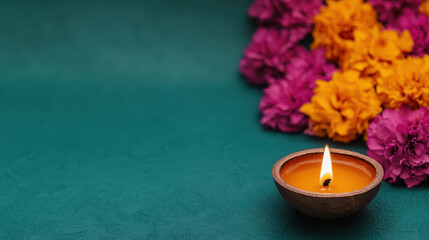 glowing diya candle illuminates vibrant setting adorned with colorful marigold flowers, creating warm and festive atmosphere
