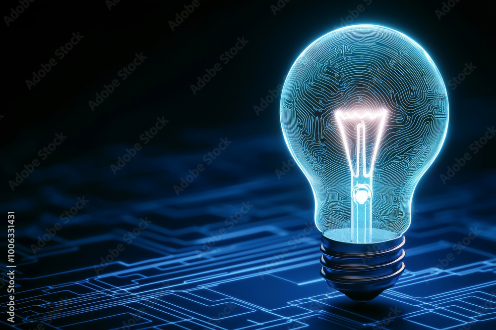 Poster a glowing light bulb illuminated against a digital circuit background, symbolizing innovation and te