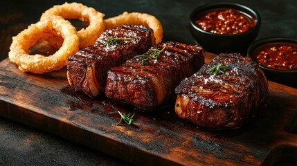 Barbecue dry-aged Wagyu beef steak with onion rings and chili, arranged on a charred wooden board with space for text.