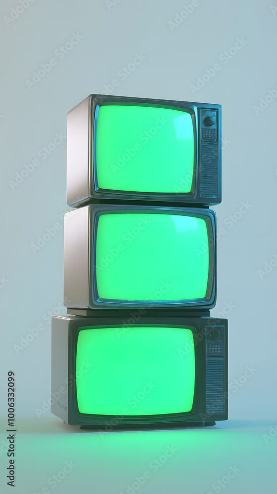 Aufkleber vertical stacks of green screen monitor tvs glowing in empty soft lighting empty white room backgrou
