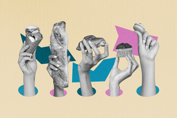 Collage image template of people arms hold sweet pastry delicious bakery isolated on creative...