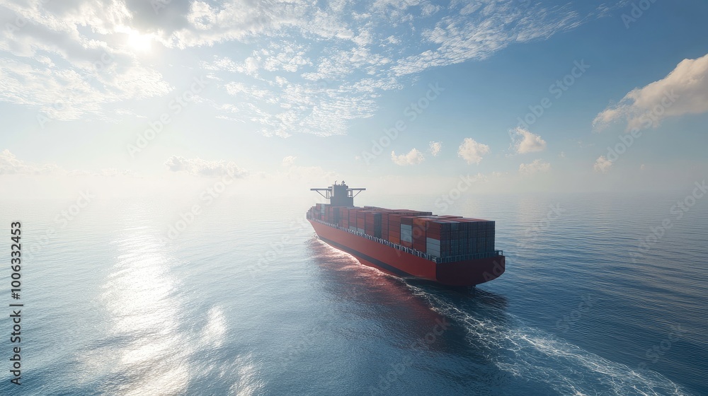 Poster container ship in open waters transporting goods for the global export-import process, emphasizing w
