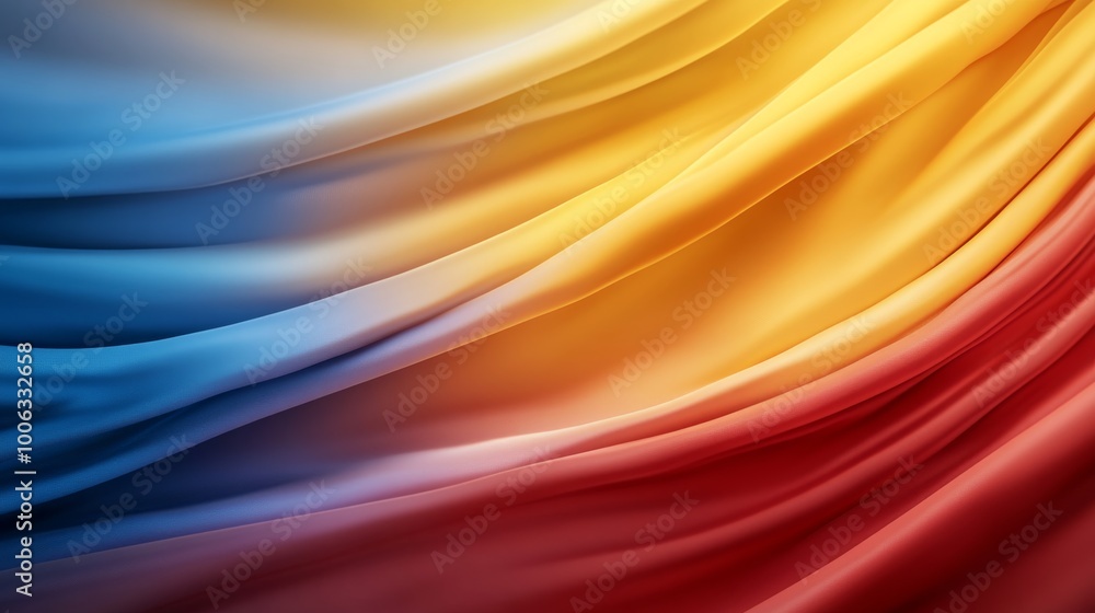 Poster bright hues of blue, yellow, and red blend in smooth, wave-like patterns, creating a dynamic and ene