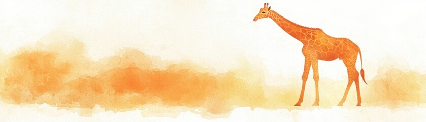 Fototapeta premium A serene watercolor illustration of a graceful giraffe standing in a warm, sandy landscape with soft hues.