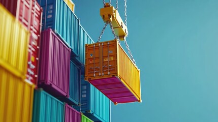 Crane hook lifting a row of vibrant containers, symbolizing global trade and export logistics. No logos, no people included.