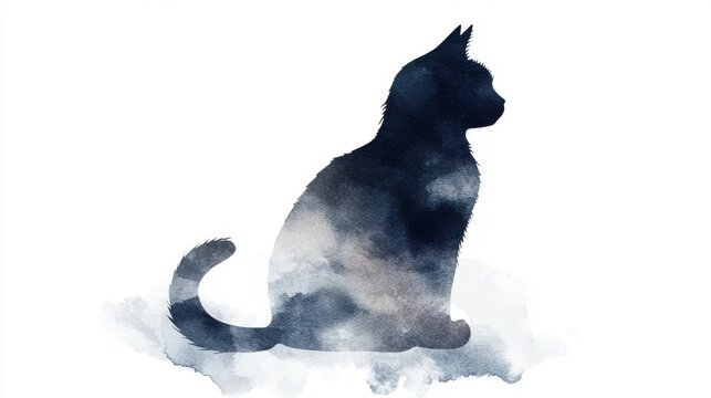 A silhouette of a cat in a watercolor style, surrounded by soft cloud-like textures. Ideal for pet-related themes and designs.