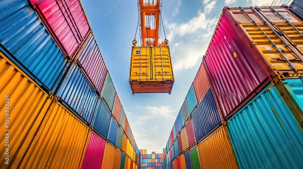 Poster crane lifting a stack of vibrant freight containers in a shipping yard, representing export-import p
