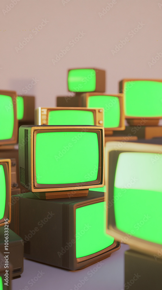 Poster vertical composition of stack 3d minimal style televisions green screen monitors set overlapping random TVs classic old cube shapes on white background empty space atmosphere