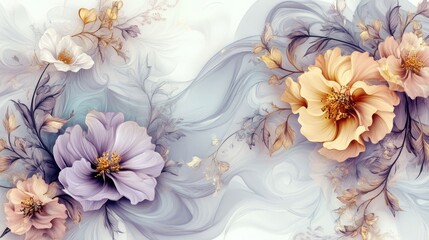 A painting of flowers with a blue background