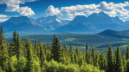 Fototapeta premium The Rocky Mountains seen from Jasper National Park, with a pristine natural landscape, devoid of human activity.