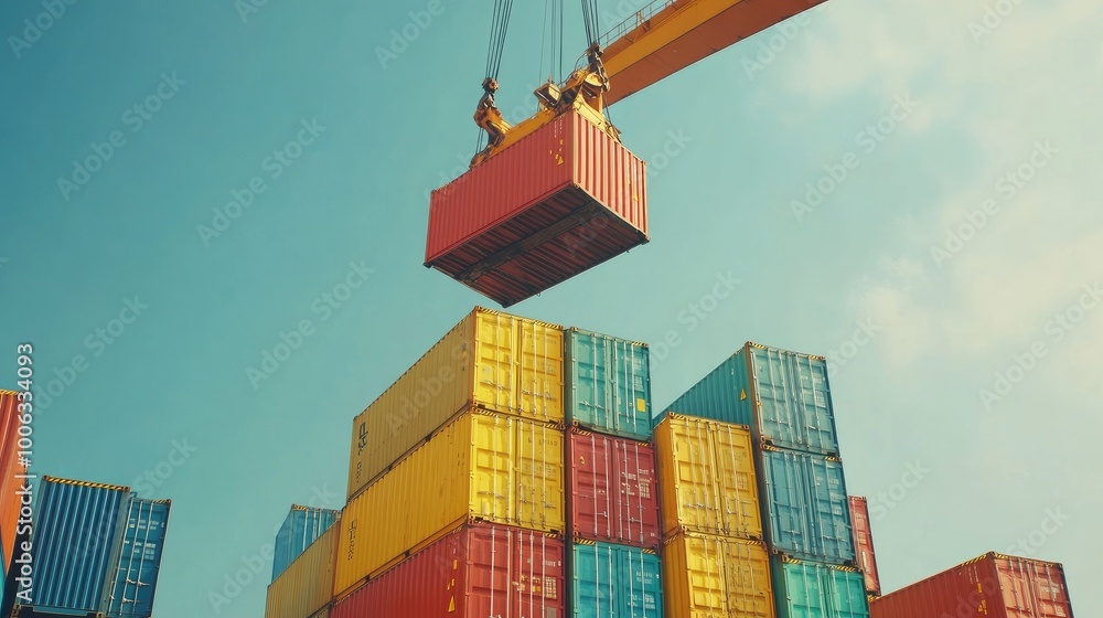 Poster freight forwarding concept with a large crane lifting a variety of colorful containers. no logos or 