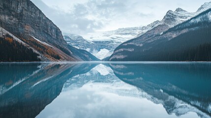 The serene waters of Lake Louise reflecting the surrounding mountains, no tourists or distractions.