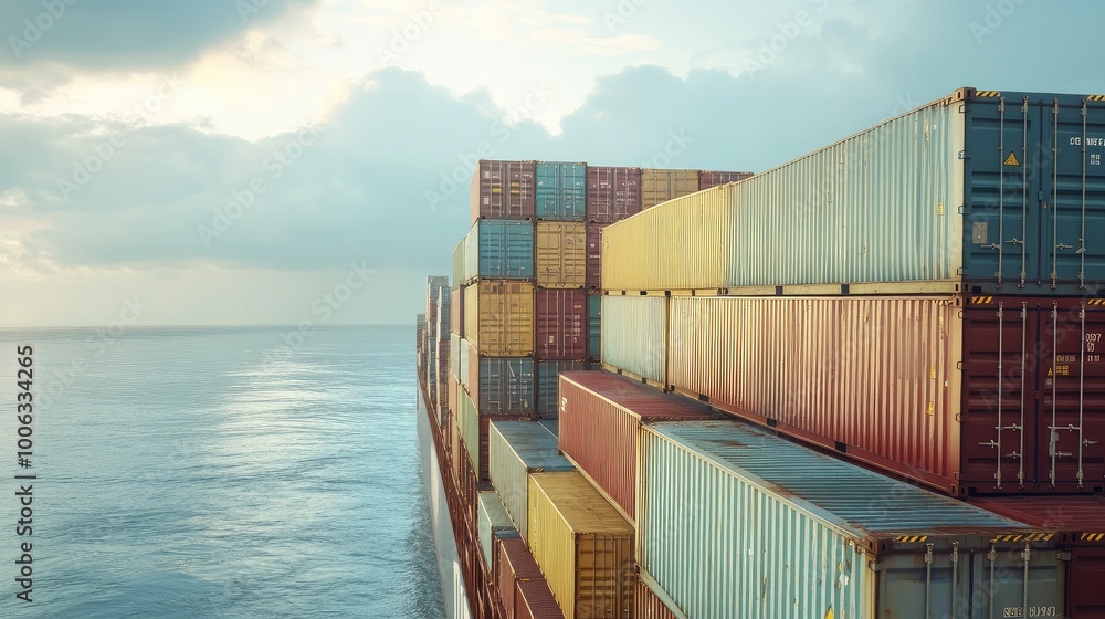Poster freight containers stacked on a large vessel in open water, symbolizing global export-import service