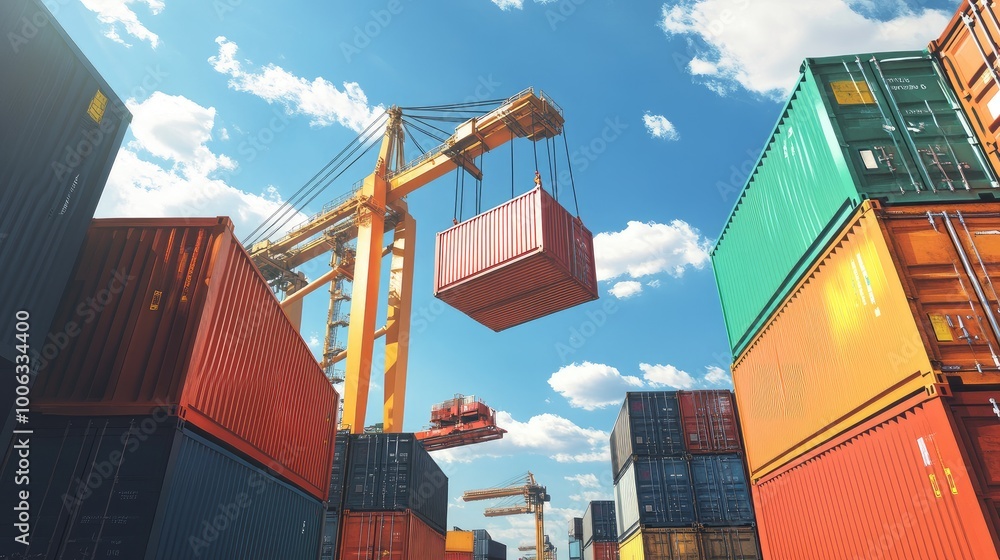 Poster freight forwarding scene with a crane hoisting multiple containers in various colors. no logos or pe