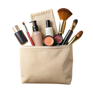 Different makeup objects in canvas bag
