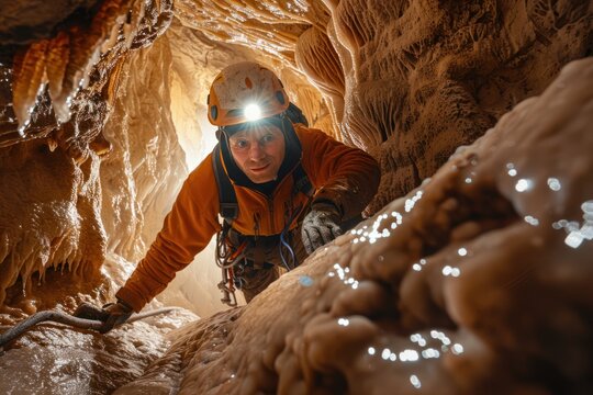A speleologist carefully navigates through a narrow passage in a limestone cave, using a headlamp to illuminate the path ahead